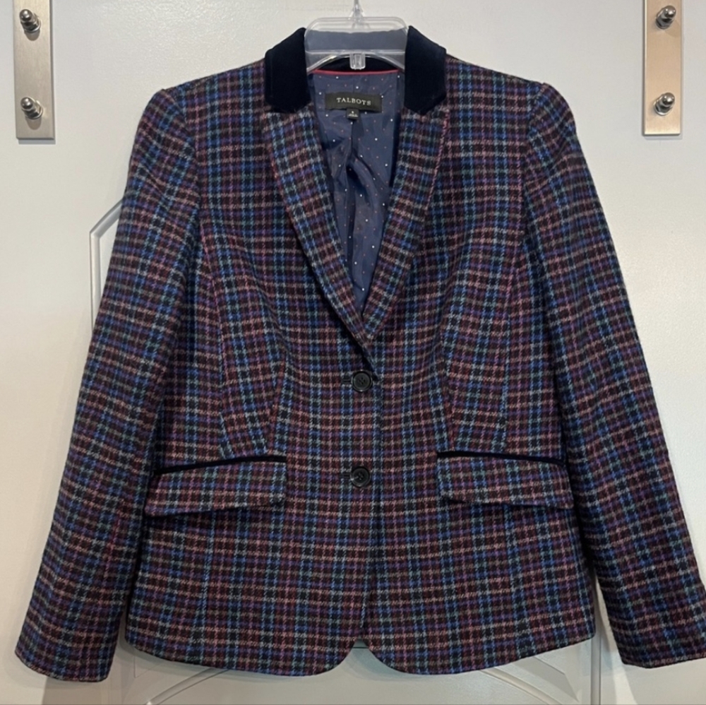 Talbots Plaid Wool Blazer with Velvet Collar